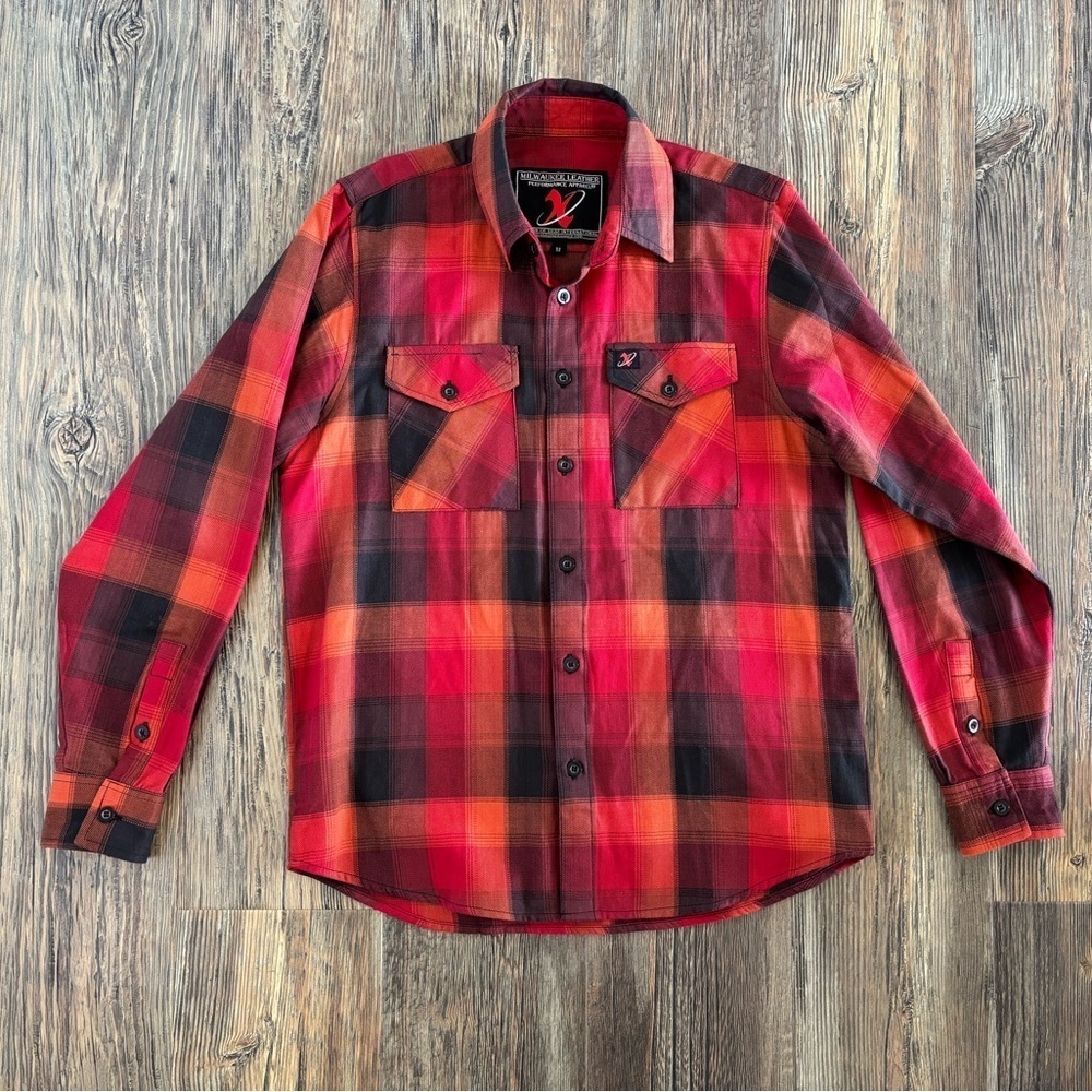 MILWAUKEE LEATHER Button-Up Flannel Shirt Mens M Red Orange Black Plaid Biker